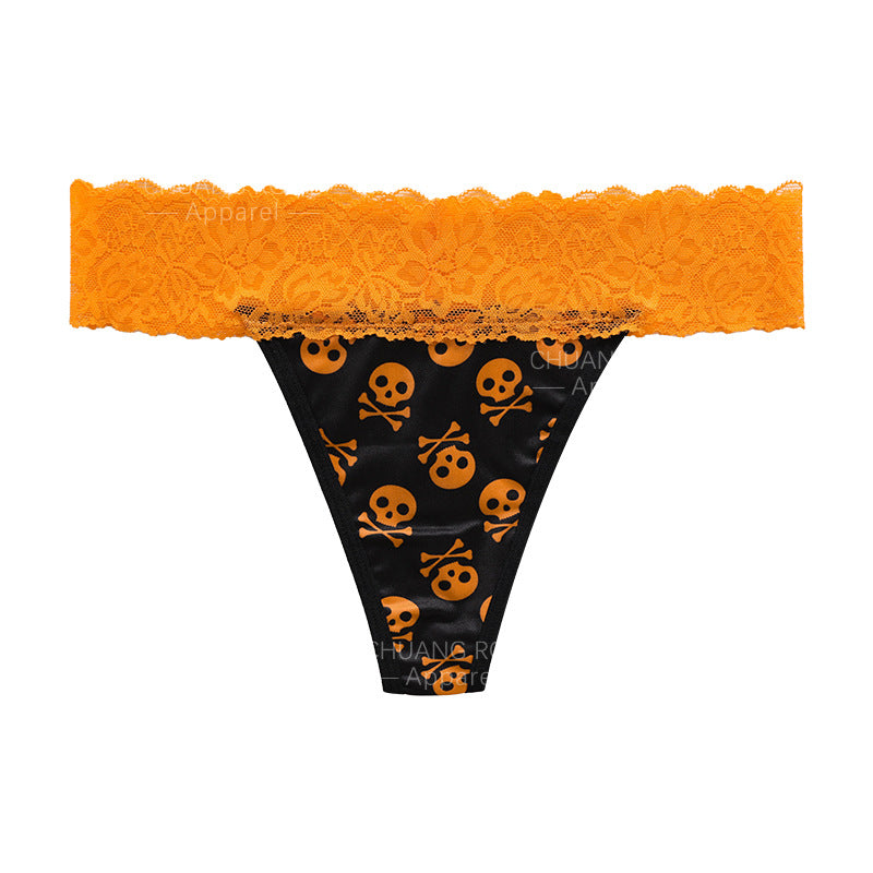 Women’s Halloween Lace Waist Panties – Pumpkin / Skull / Bat / Spider Web Print