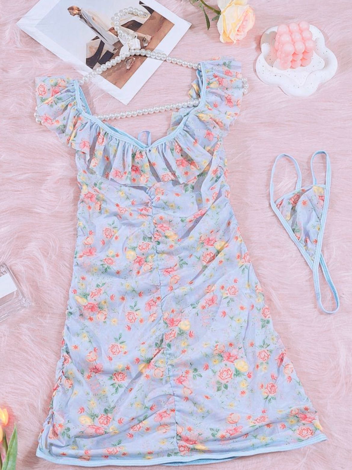 Floral Ruffle Lingerie Dress Set
