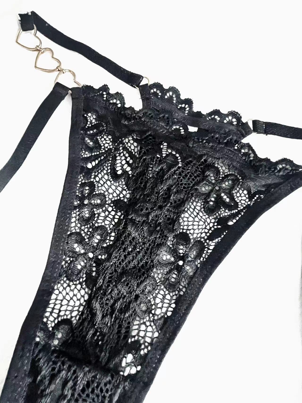 Black Lace Heart Harness Thong