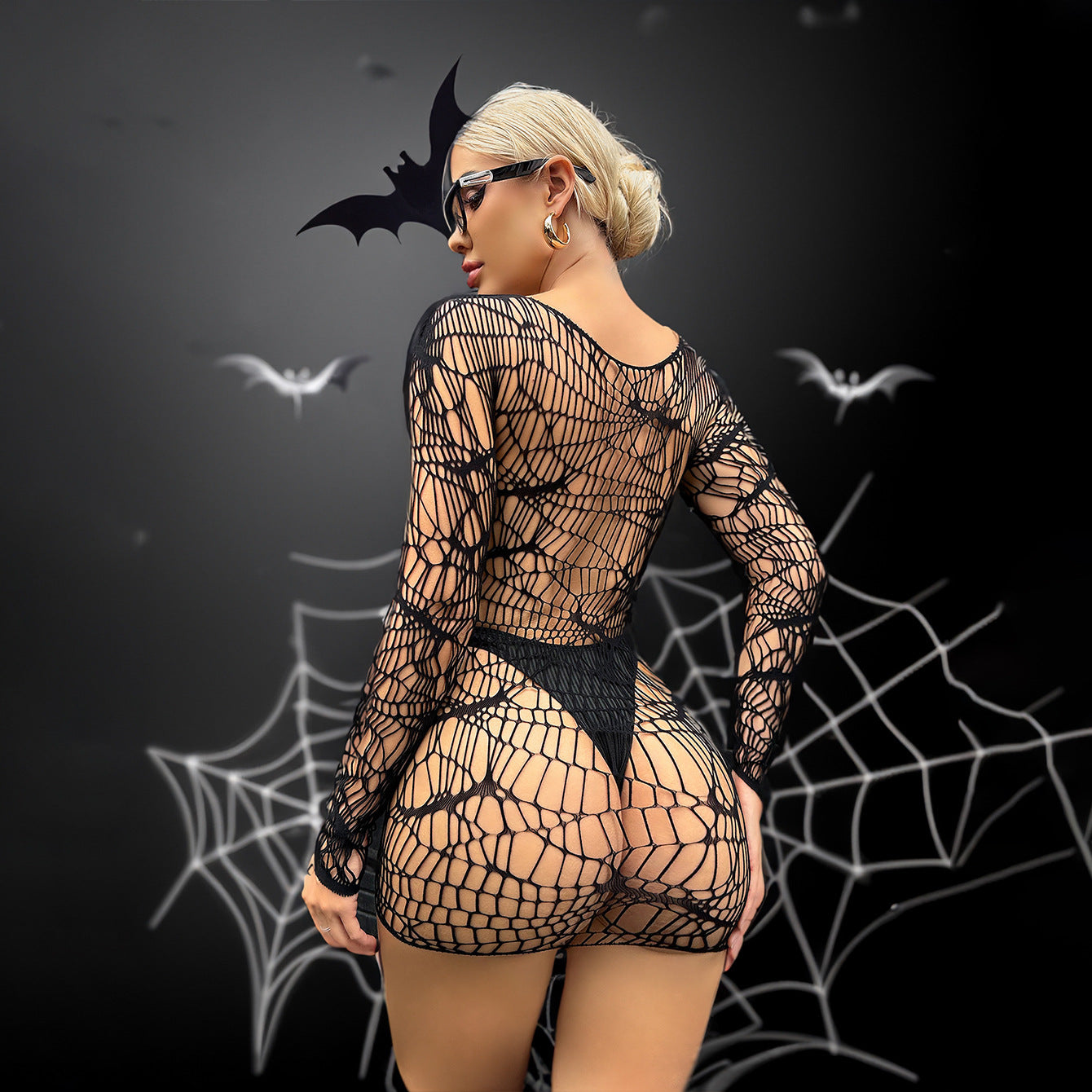 Women’s Halloween Spider Web Fishnet Mini Dress – Sexy Costume Outfit
