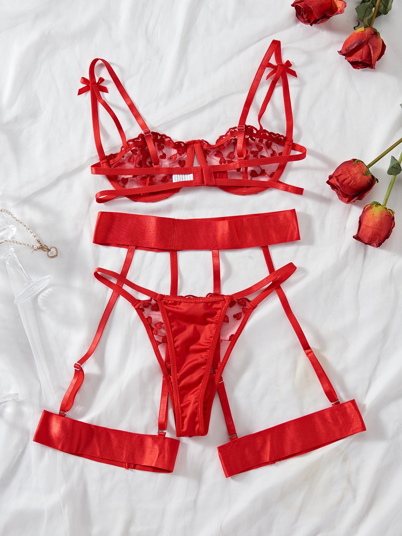 Red Embroidered Lace Lingerie Set