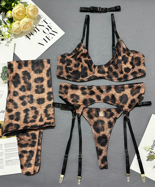 Halloween Leopard Lingerie 5-Piece Set — Bra, Thong, Garter Belt, Over-knee Stockings & Choker
