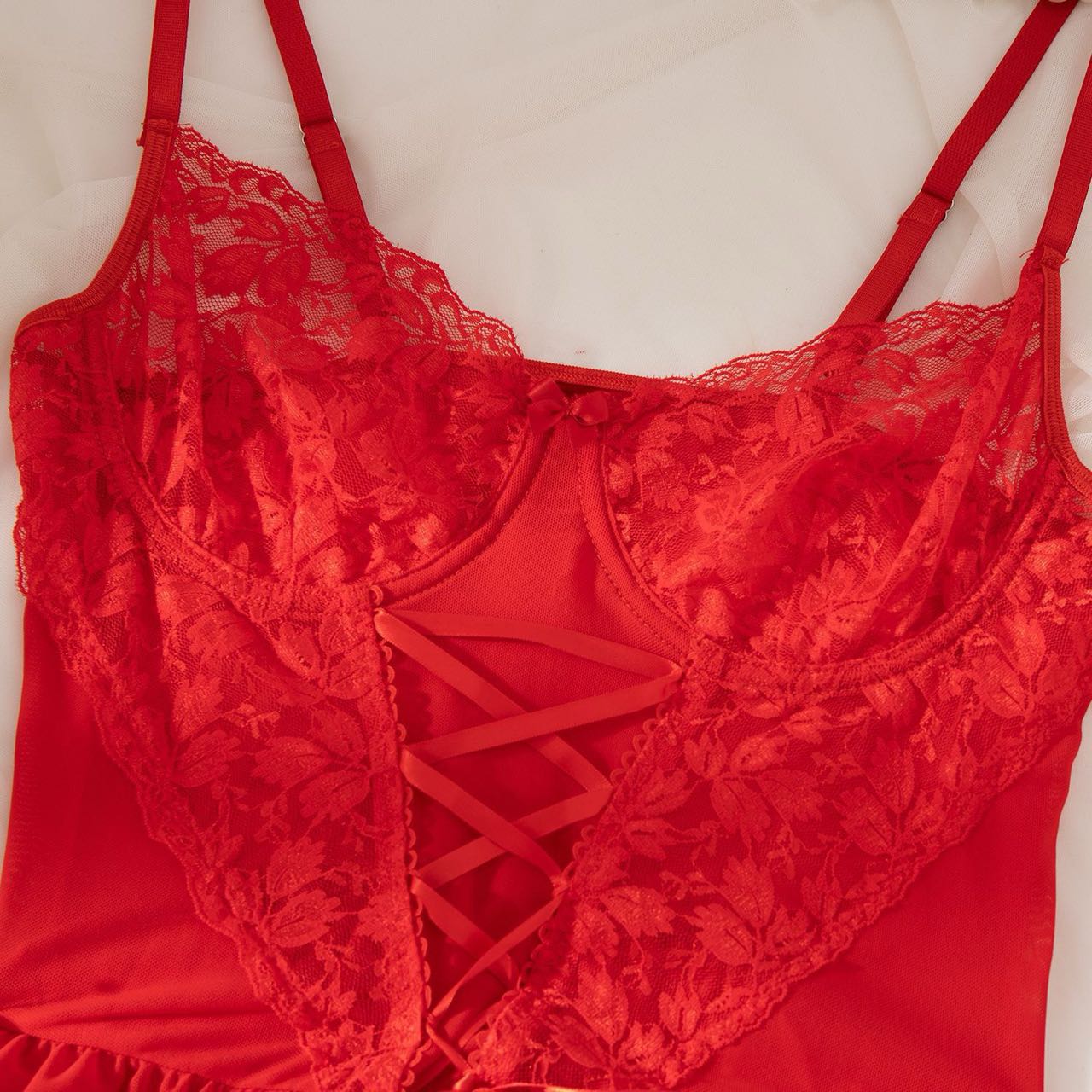 Red Lace Nightdress Lingerie Set – Babydoll with Thong & Leg Bands
