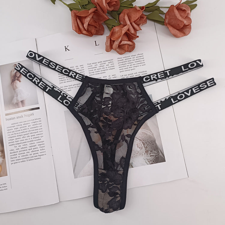 Sheer Floral Lace Thong with Double Letter Straps