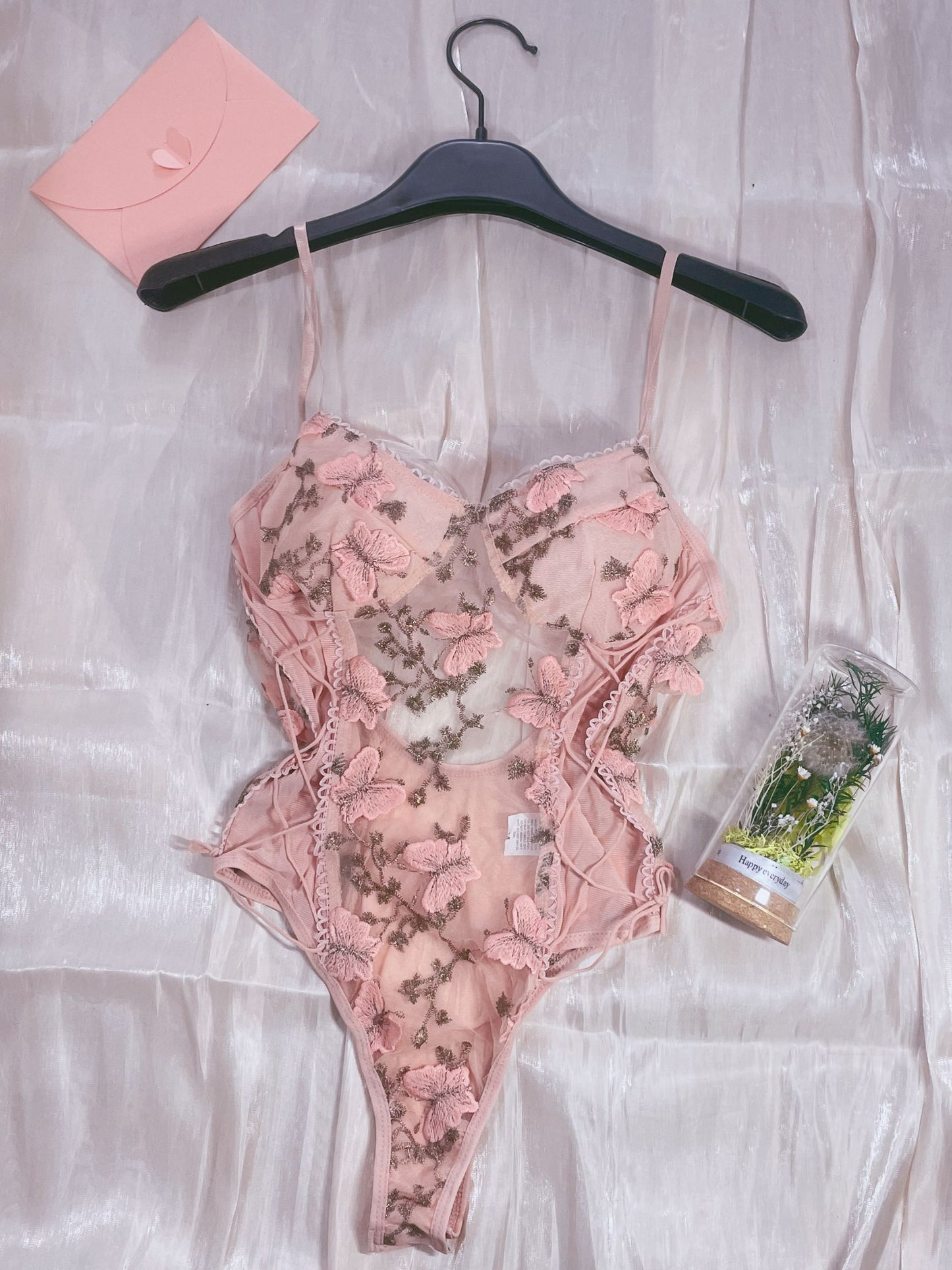Pink Floral Butterfly Embroidered Teddy