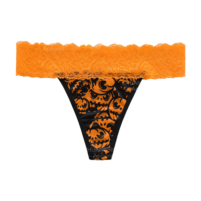 Women’s Halloween Lace Waist Panties – Pumpkin / Skull / Bat / Spider Web Print