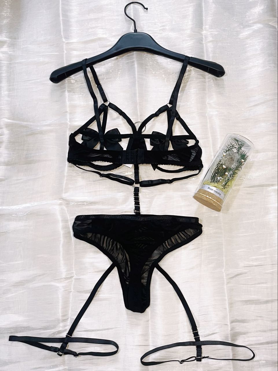 Black Strappy Open Cup Lingerie Set