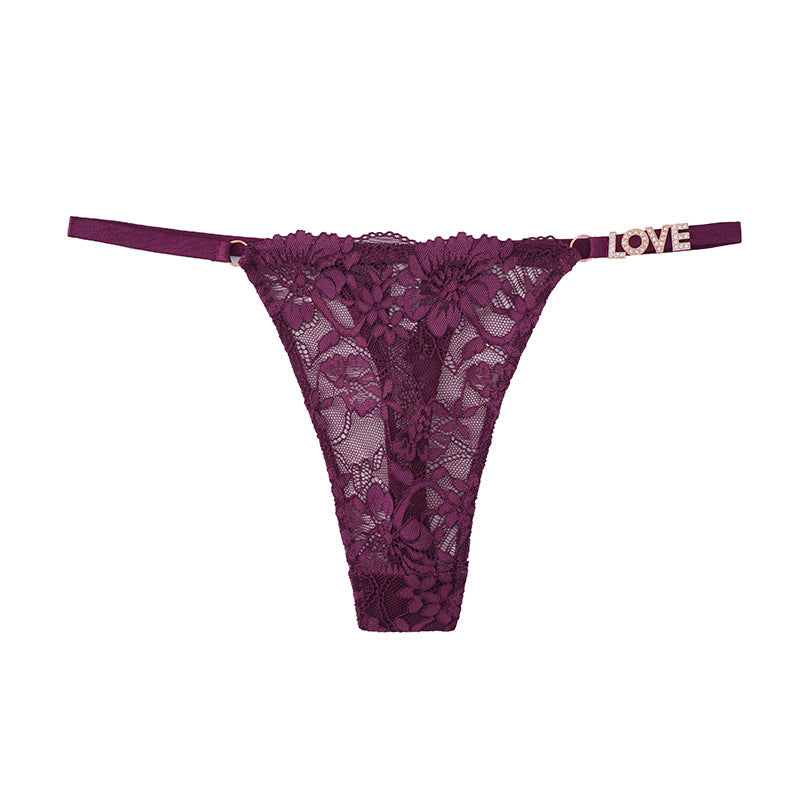 Rhinestone LOVE Lace Thong with Single-Side Letter Accent