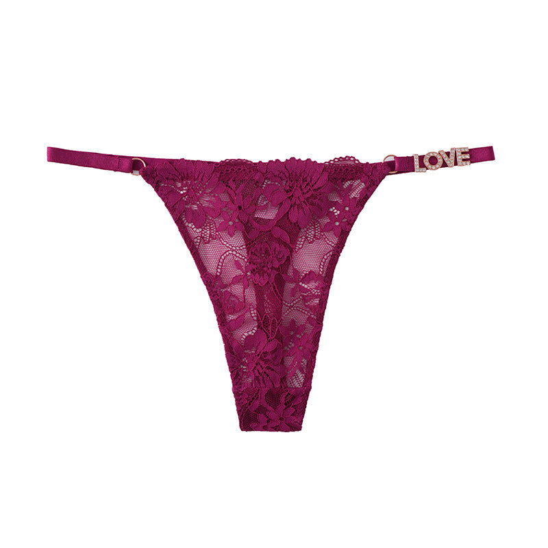 Rhinestone LOVE Lace Thong with Single-Side Letter Accent