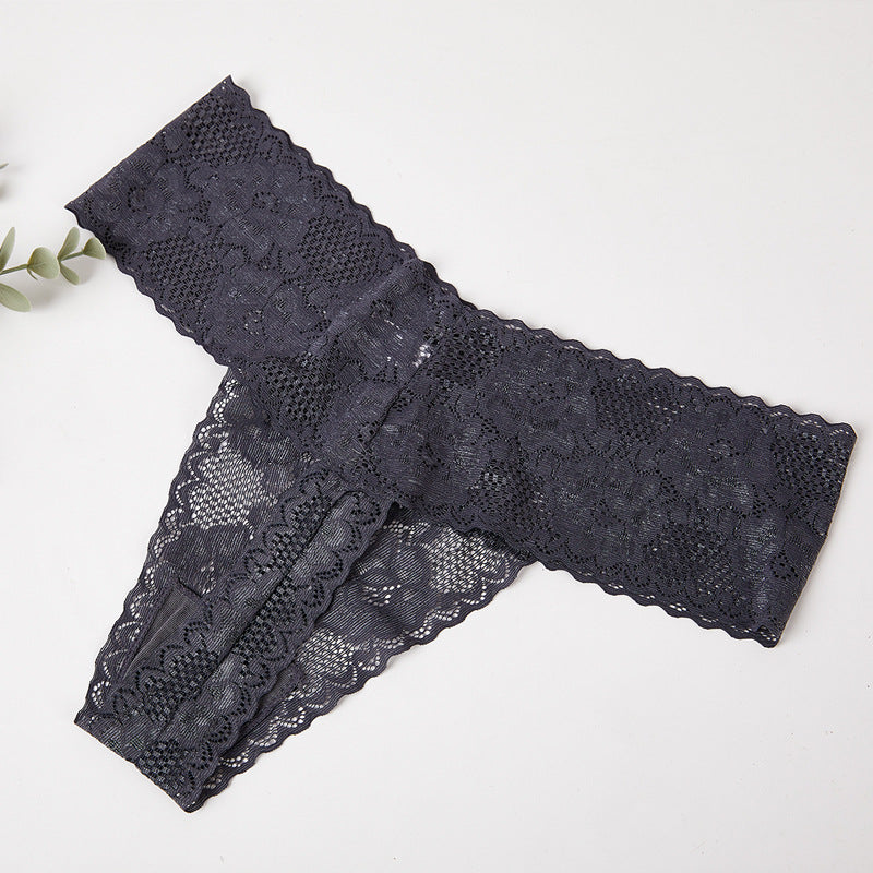 Sheer Floral Lace Thong with Wide Lace Waistband