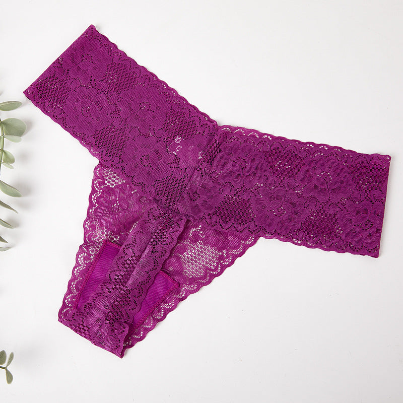 Sheer Floral Lace Thong with Wide Lace Waistband