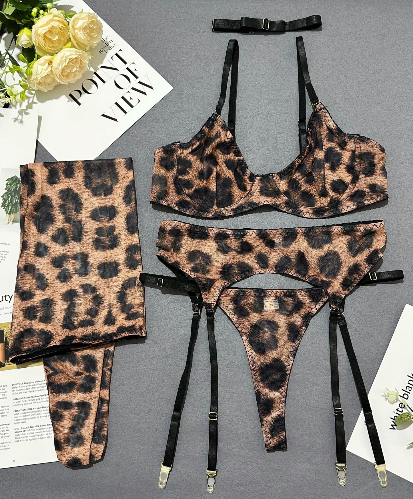 Halloween Leopard Lingerie 5-Piece Set — Bra, Thong, Garter Belt, Over-knee Stockings & Choker