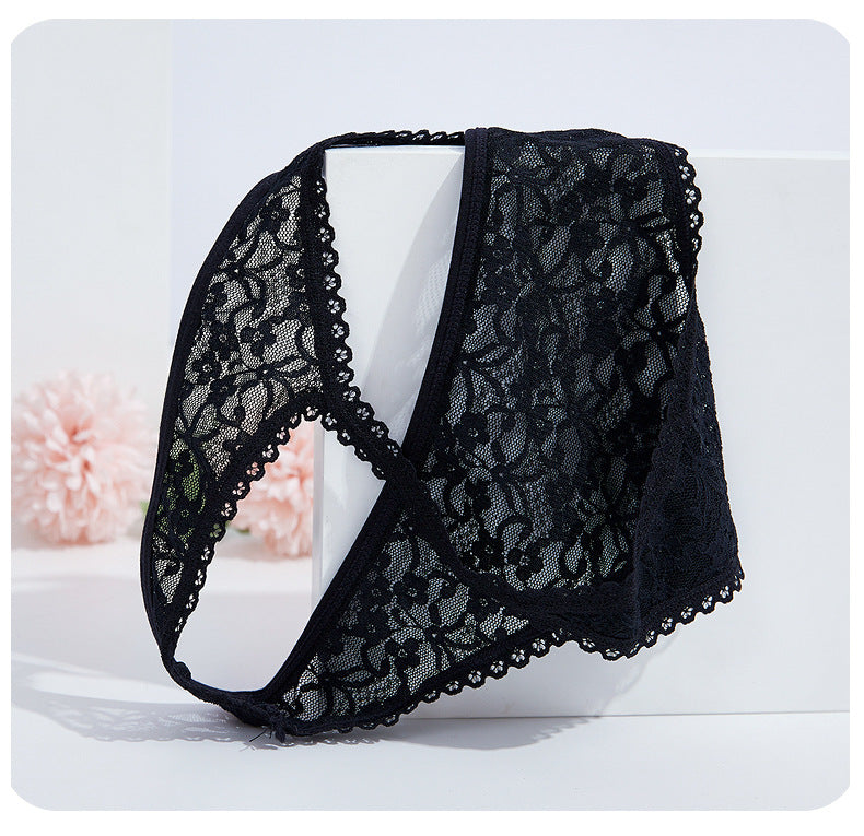 Sheer Floral Lace Thong with Wide Lace Waistband