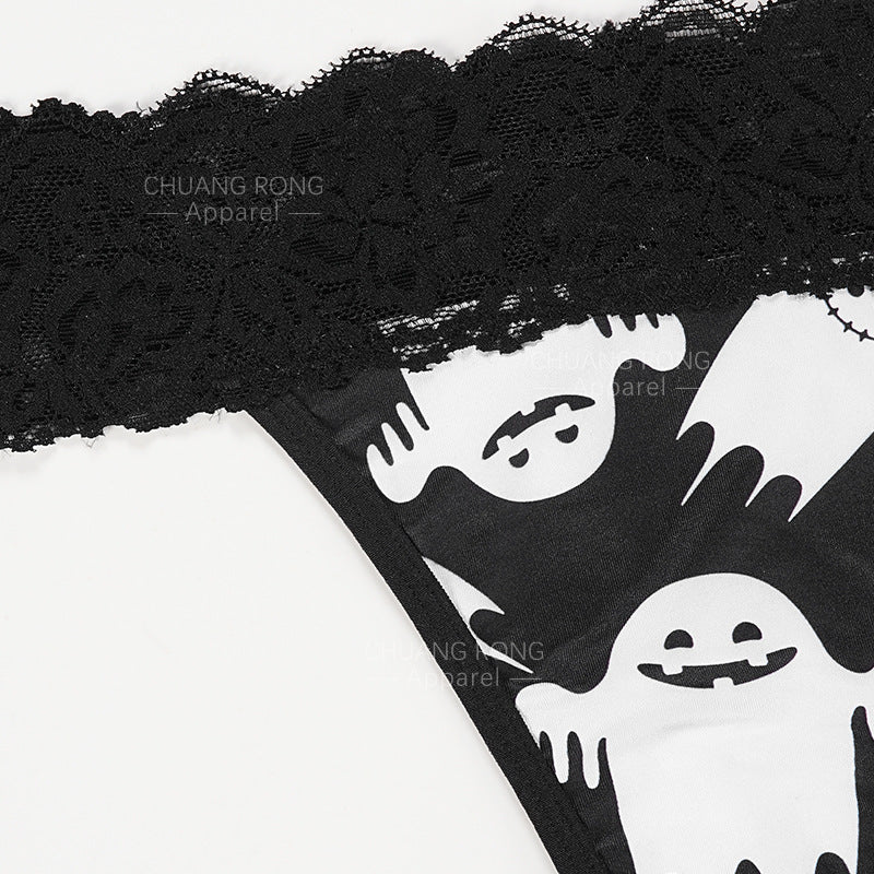 Women’s Halloween Lace Waist Panties – Pumpkin / Skull / Bat / Spider Web Print