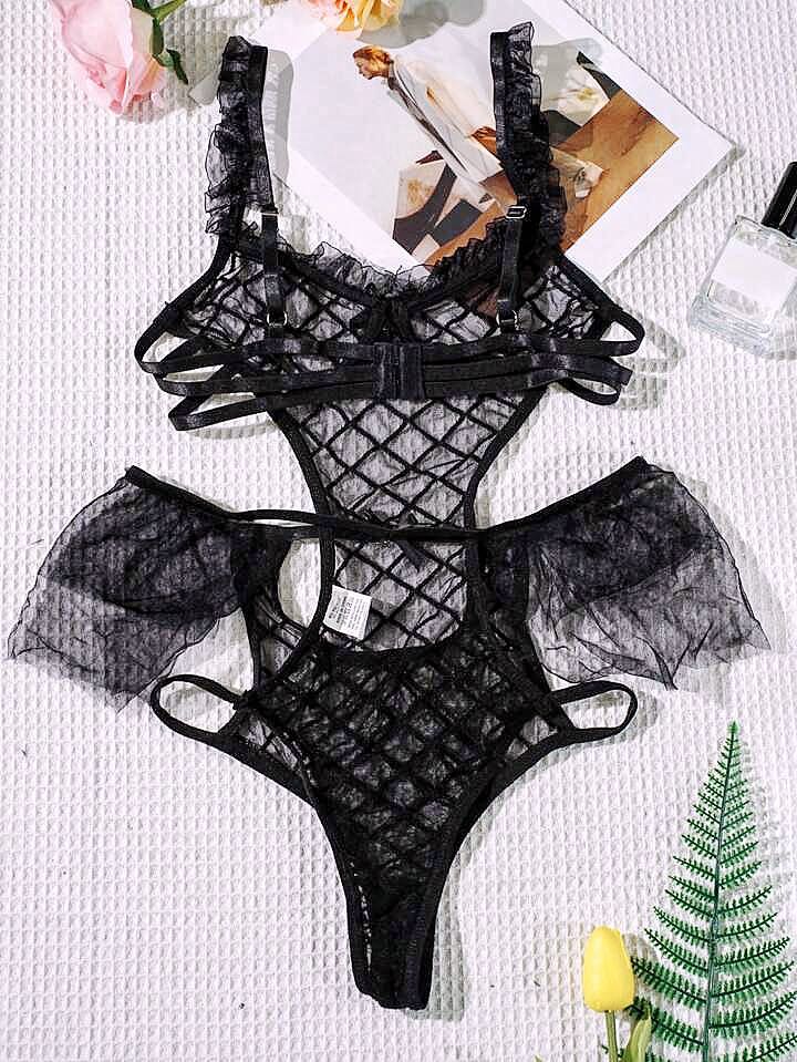 Black Fishnet Lace Teddy – Sheer Bodysuit with Ruffle Trim