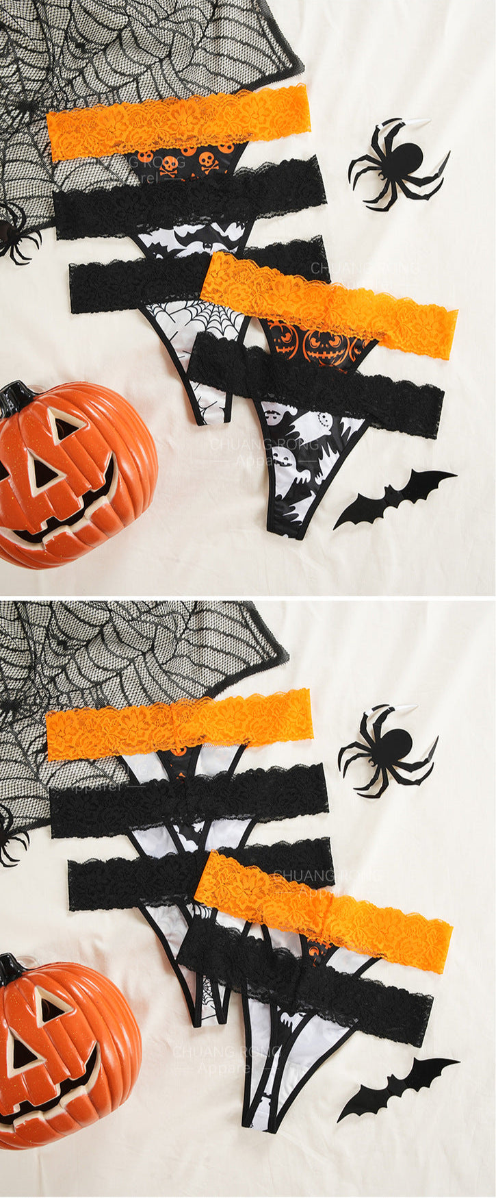 Women’s Halloween Lace Waist Panties – Pumpkin / Skull / Bat / Spider Web Print