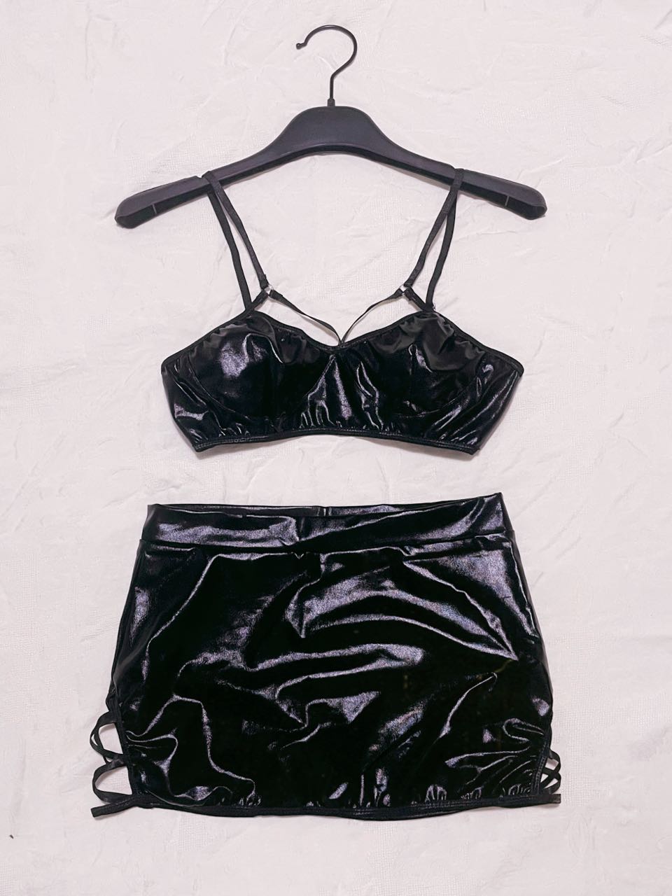 Black PU Leather Lingerie 2-Piece Set – Strappy Bra & Cut Out Skirt