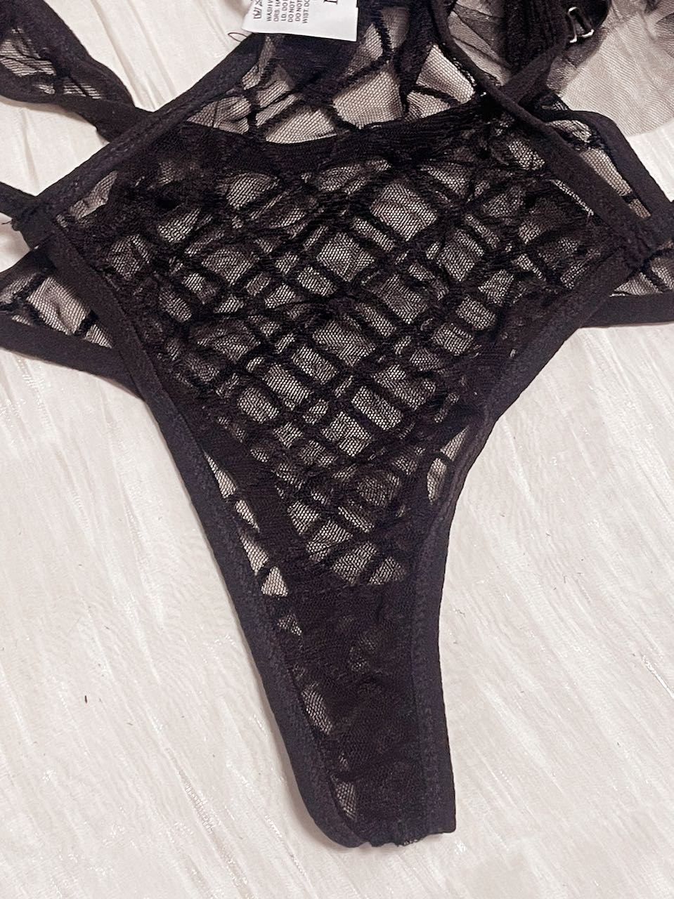 Black Fishnet Lace Teddy – Sheer Bodysuit with Ruffle Trim
