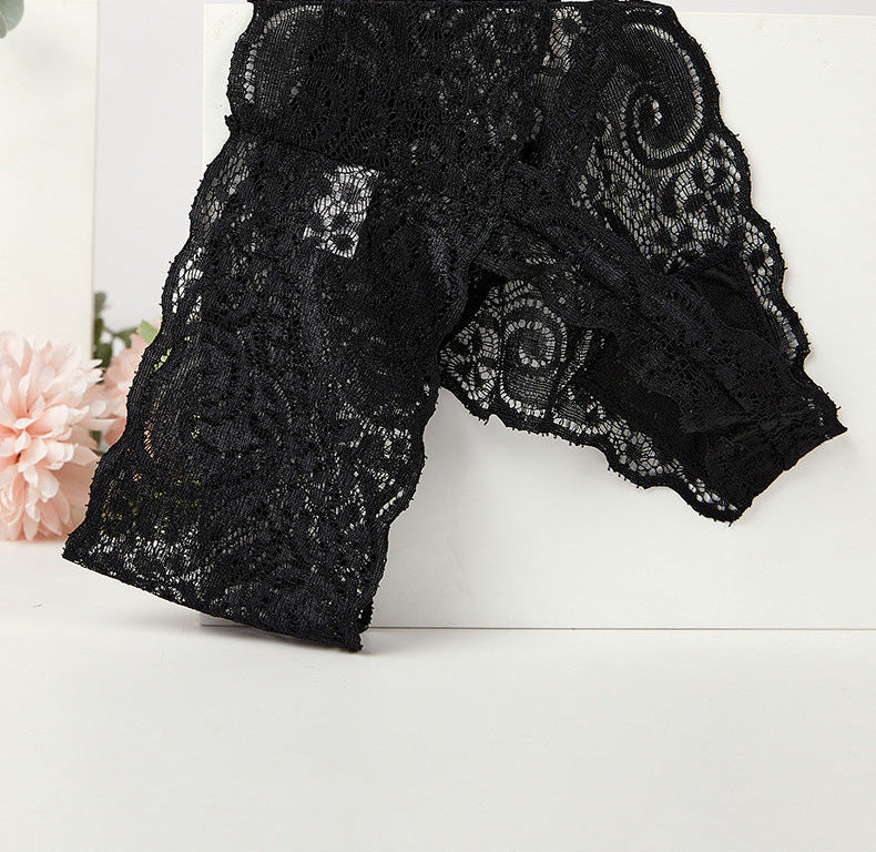 Sheer Floral Lace Thong with Wide Lace Waistband