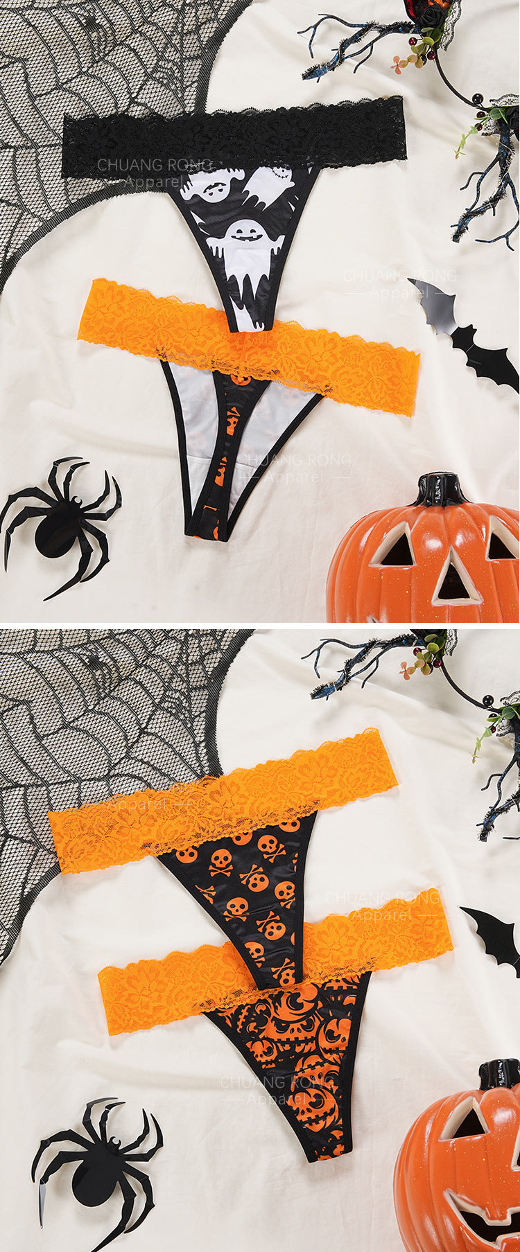 Women’s Halloween Lace Waist Panties – Pumpkin / Skull / Bat / Spider Web Print