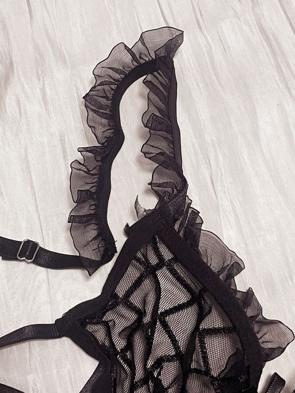 Black Fishnet Lace Teddy – Sheer Bodysuit with Ruffle Trim
