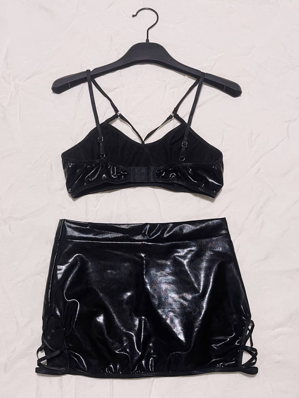 Black PU Leather Lingerie 2-Piece Set – Strappy Bra & Cut Out Skirt