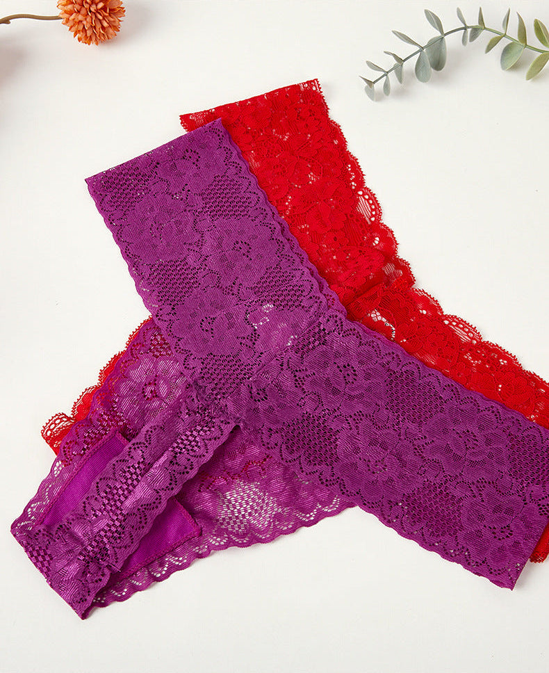 Sheer Floral Lace Thong with Wide Lace Waistband