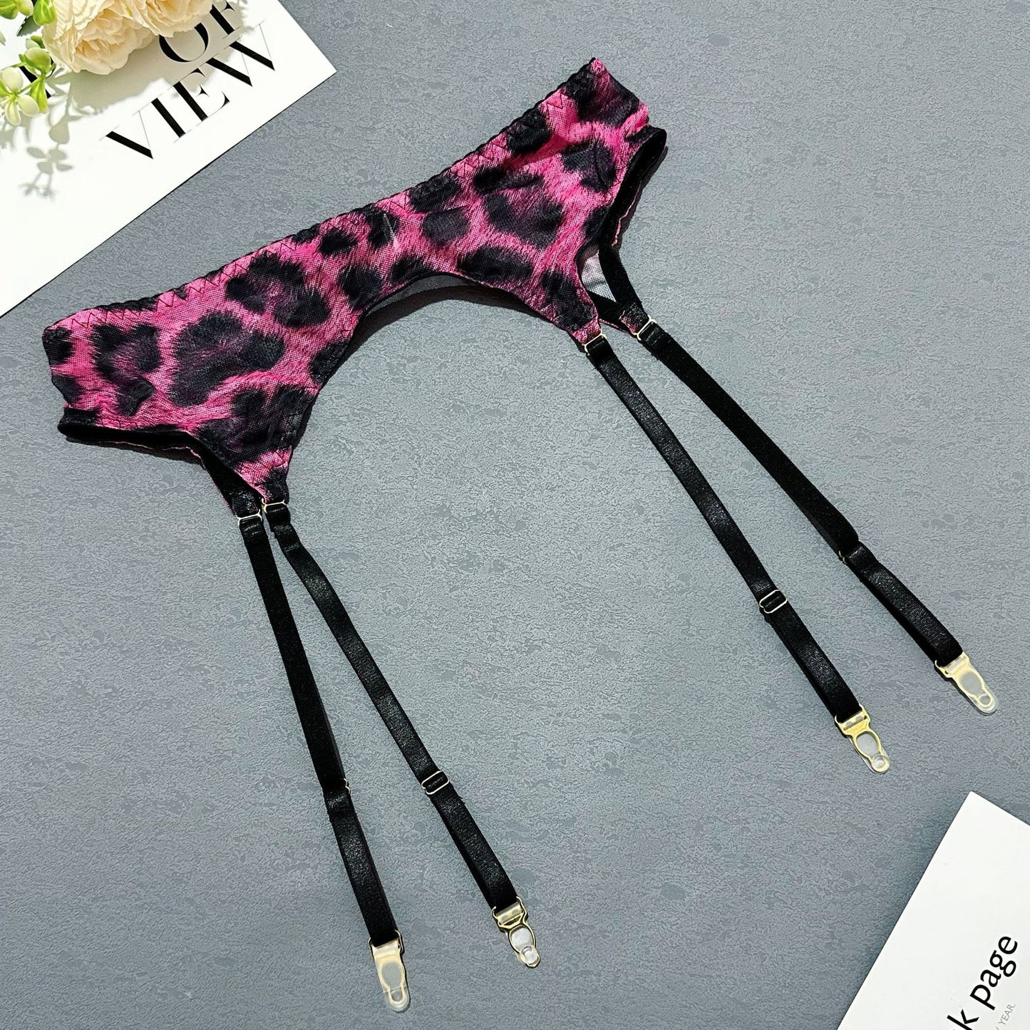 Halloween Leopard Lingerie 5-Piece Set — Bra, Thong, Garter Belt, Over-knee Stockings & Choker