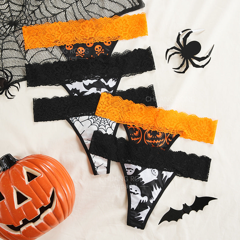 Women’s Halloween Lace Waist Panties – Pumpkin / Skull / Bat / Spider Web Print