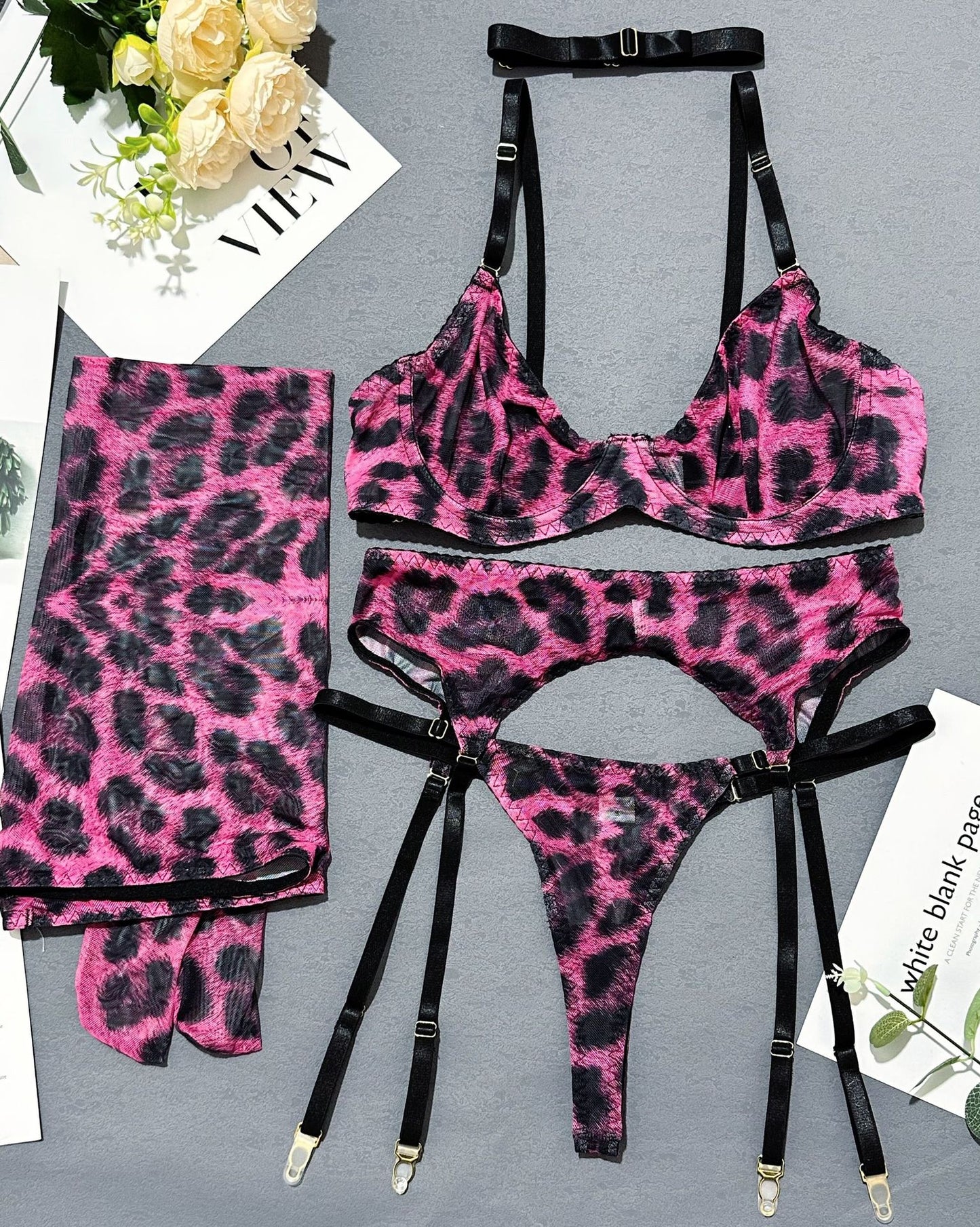 Halloween Leopard Lingerie 5-Piece Set — Bra, Thong, Garter Belt, Over-knee Stockings & Choker