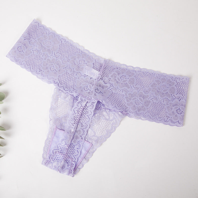 Sheer Floral Lace Thong with Wide Lace Waistband