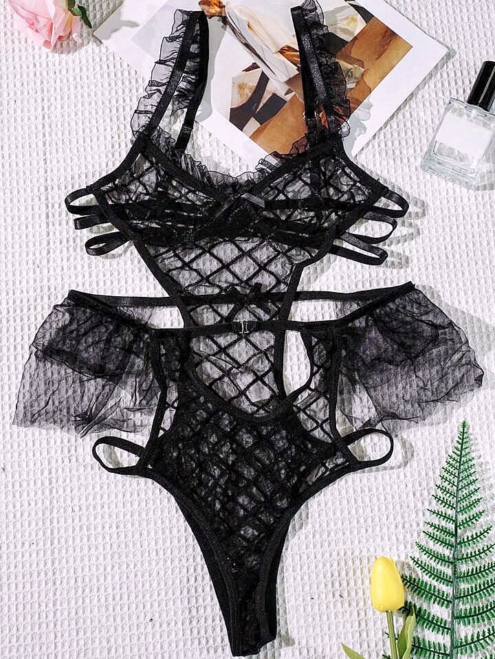Black Fishnet Lace Teddy – Sheer Bodysuit with Ruffle Trim