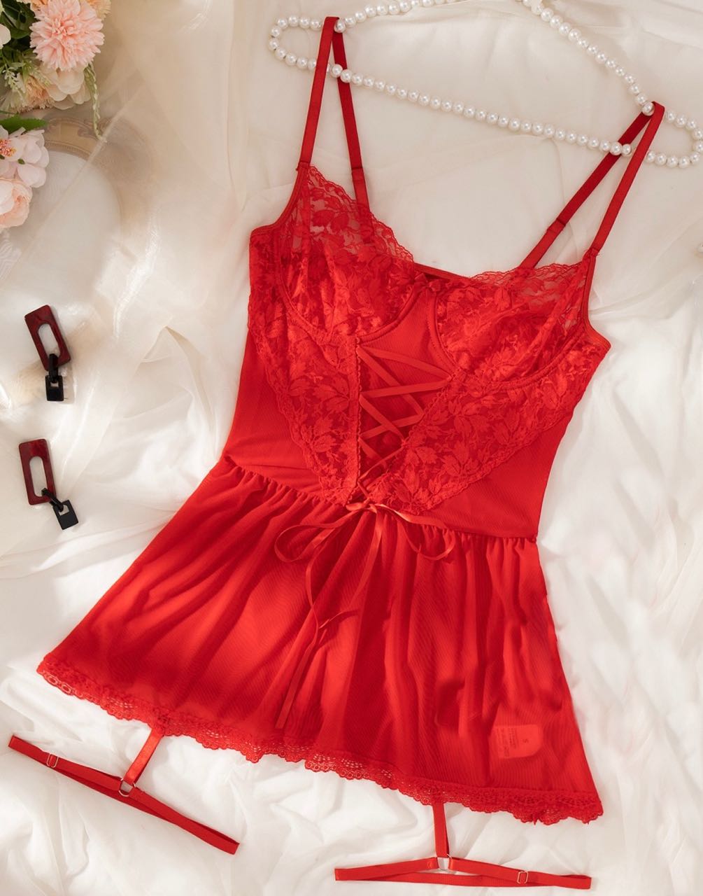 Red Lace Nightdress Lingerie Set – Babydoll with Thong & Leg Bands