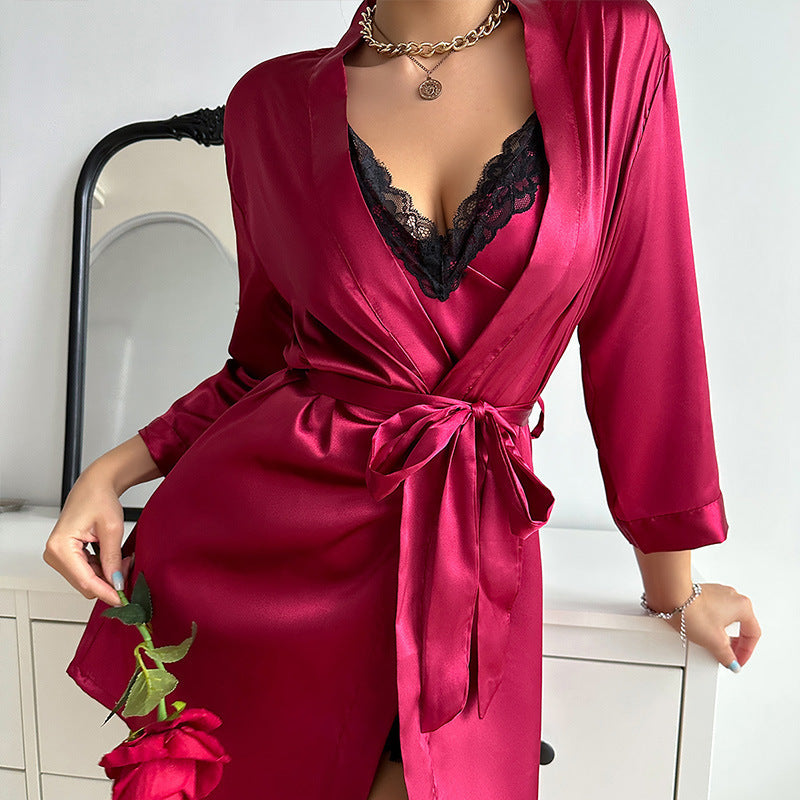 Satin Lace Nightdress & Robe Set with Waist Belt
