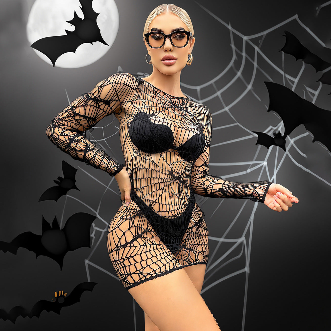 Women’s Halloween Spider Web Fishnet Mini Dress – Sexy Costume Outfit